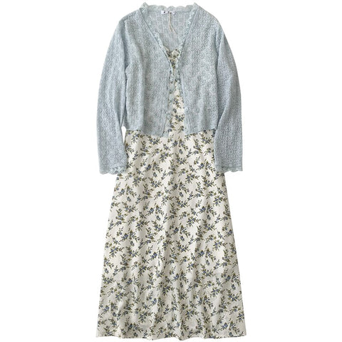 Two Piece Flower Long Dress & Vintage Blue Cardigan - Dresses - Сottagecore clothes
