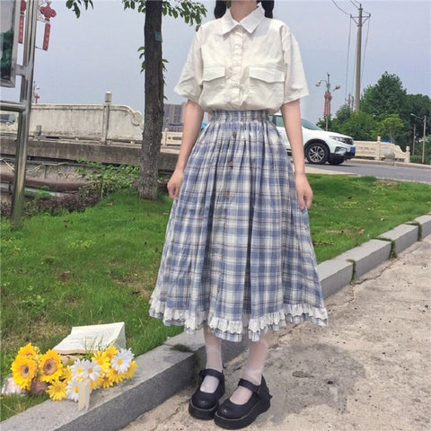 Vintage Plaid Ruffles Cotton Skirt - Skirts - Сottagecore clothes