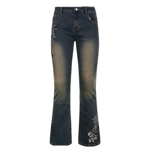 Y2K Embroidery Low Waist Jeans - 0 - Сottagecore clothes