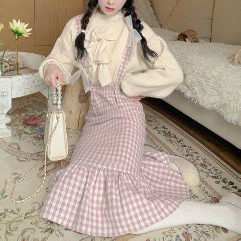 Vintage Plaid Strap Dress & Cute Sweater -  - Сottagecore clothes
