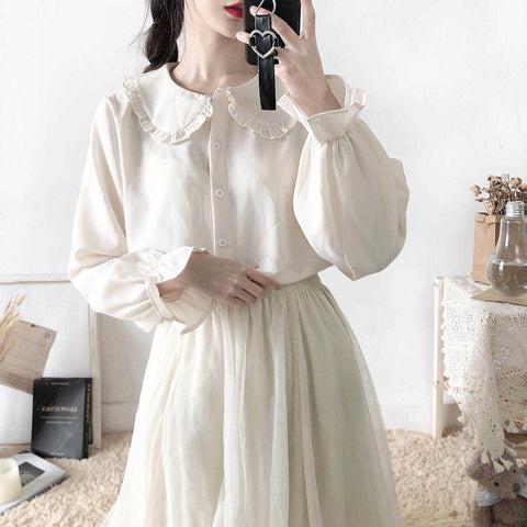 White Vintage Long Sleeve Blouse - Blouses - Сottagecore clothes