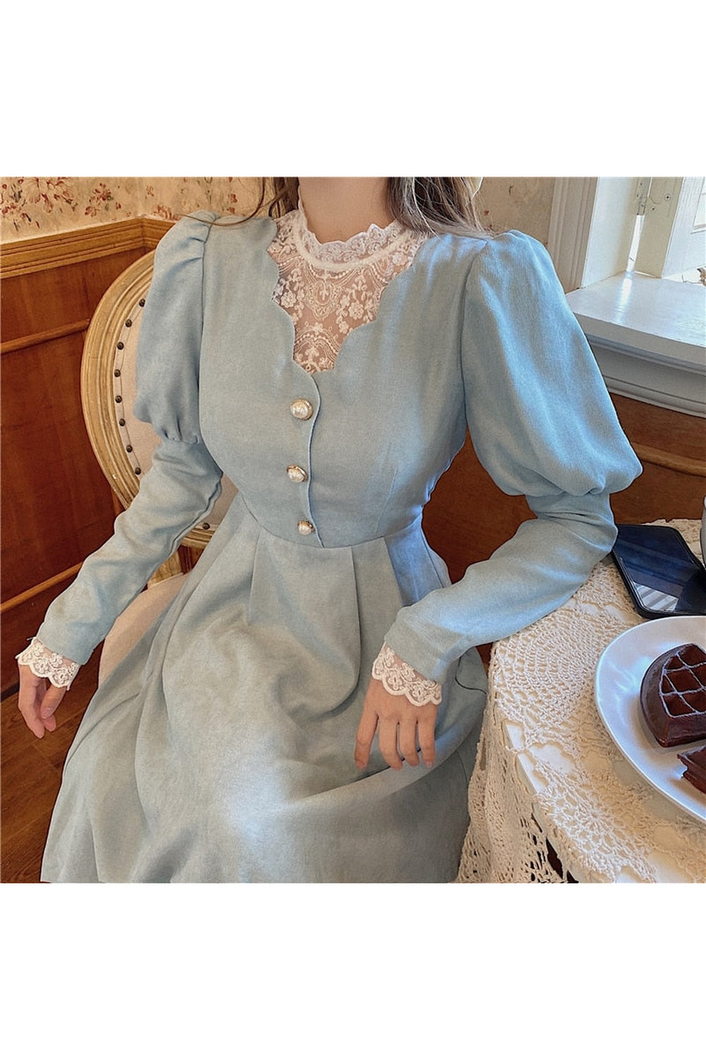 Cottagecore Lace-Trim Midi Dress