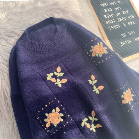 Vintage Floral Embroidery Knitted Sweater - Sweaters - Сottagecore clothes