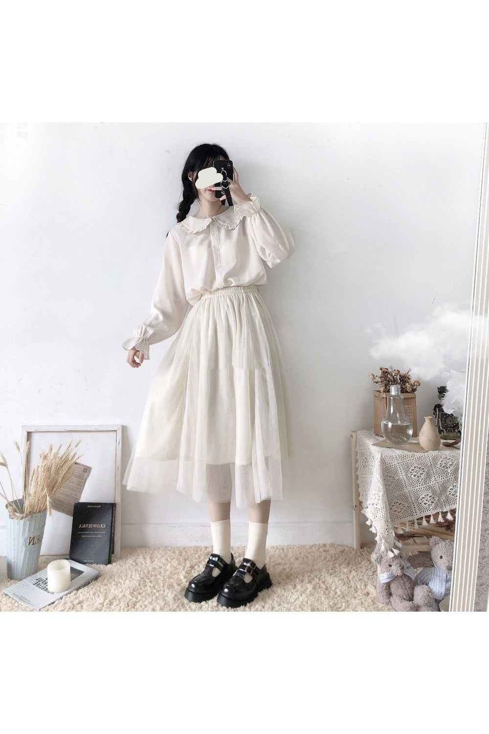 White Vintage Long Sleeve Blouse cottagecoreclothes
