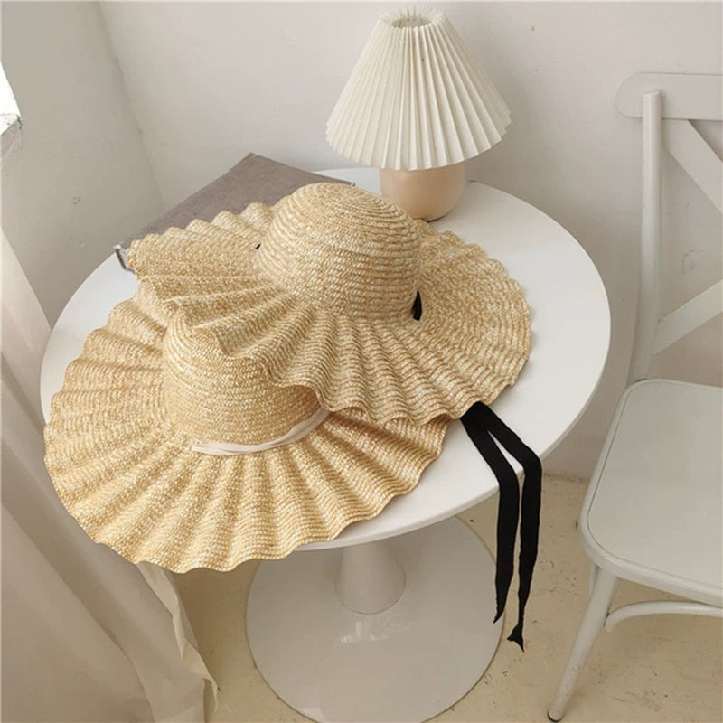 Large Brim Ribbon Straw Hat - Сottagecore clothes