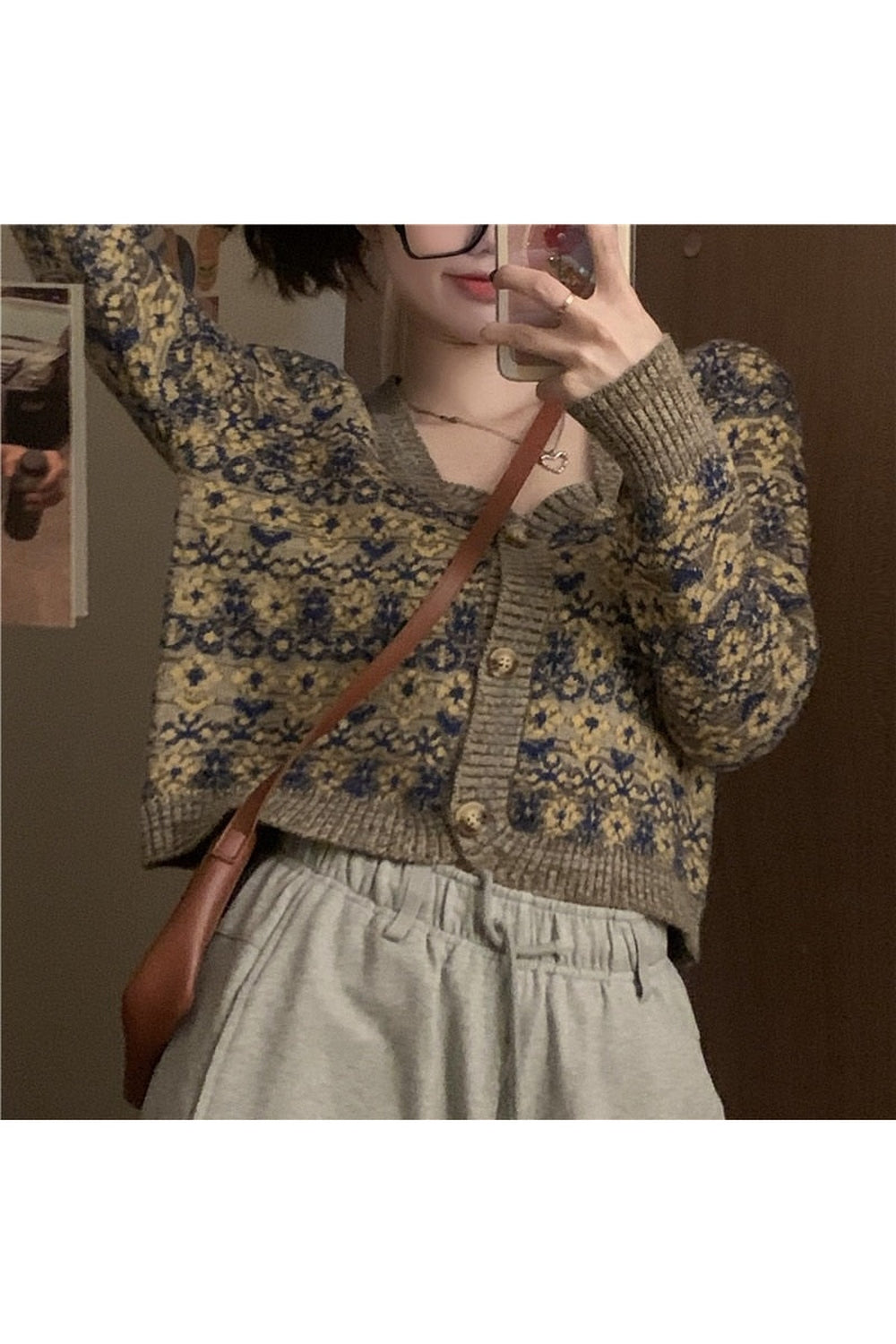 Retro Square Floral Crop Fall Cardigan