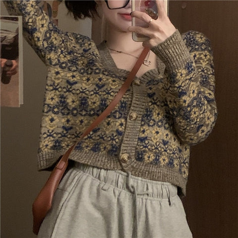 Retro Square Floral Crop Cardigan - 0 - Сottagecore clothes