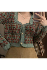 Retro Square Floral Crop Fall Cardigan