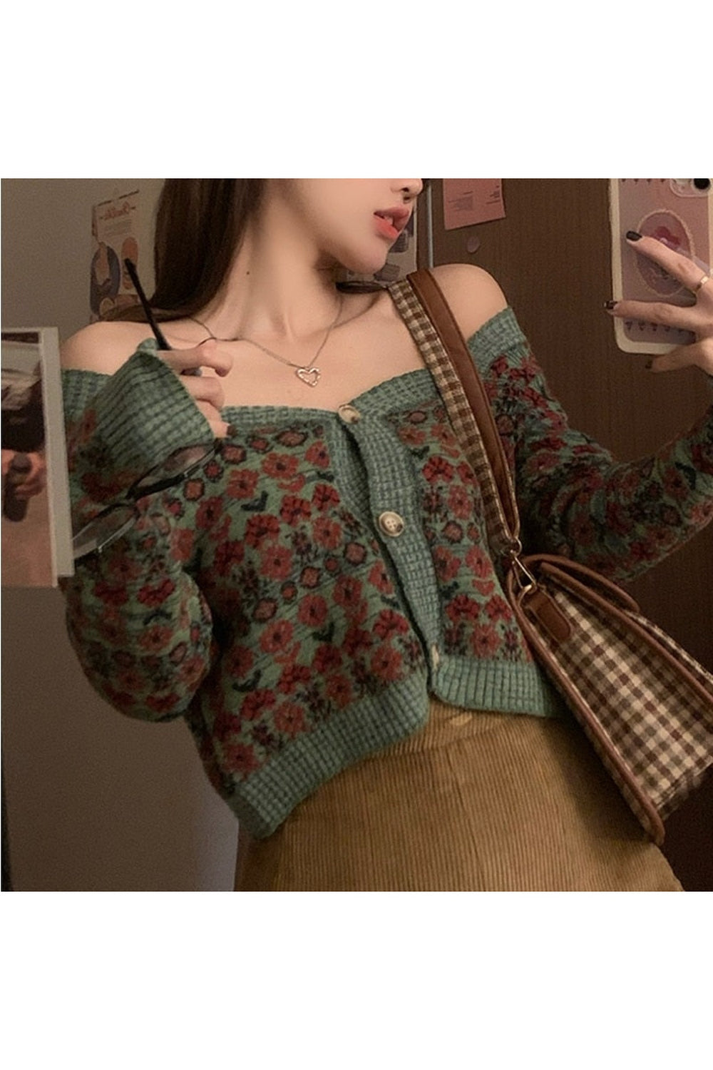 Retro Square Floral Crop Fall Cardigan