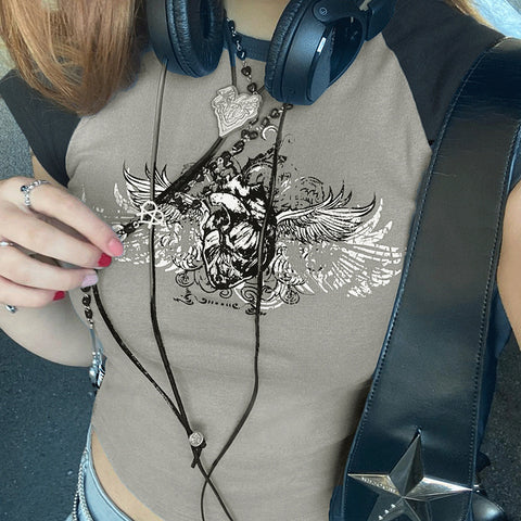 Fairy Grunge Wings Print Crop Top - 0 - Сottagecore clothes