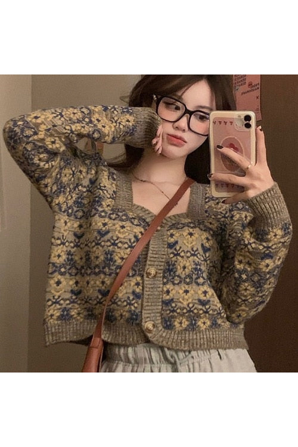 Retro Square Floral Crop Fall Cardigan