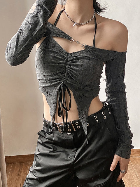 Fairy Grunge Long Sleeve Open Shoulders Crop Top - 0 - Сottagecore clothes