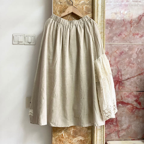 Cottagecore Lace Spliced Linen Skirt