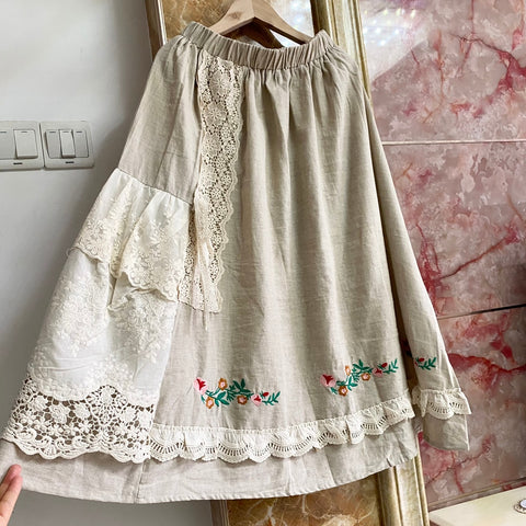 Cottagecore Lace Spliced Linen Skirt