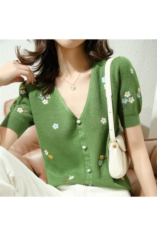 Retro Embroidered V-Neck Fall Sweater cottagecoreclothes