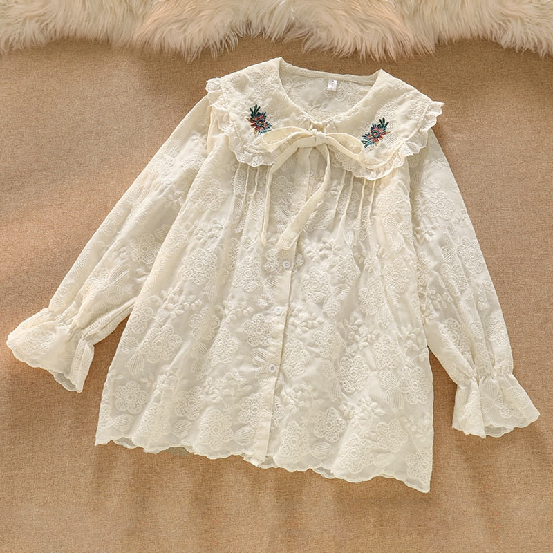 Mori Girl Elegant Long Sleeve Lace Shirt