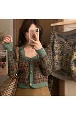 Retro Square Floral Crop Fall Cardigan