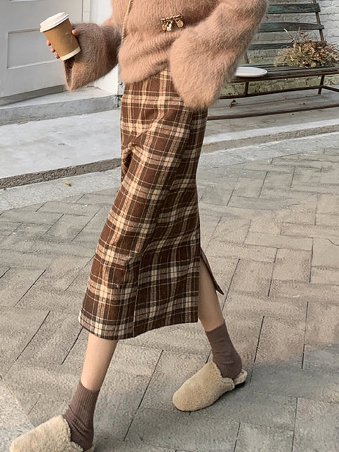 Vintage Warm Plaid Long Skirt - 0 - Сottagecore clothes