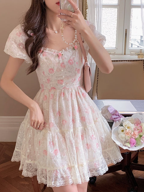 Fairycore Floral Lace Dress - 0 - Сottagecore clothes