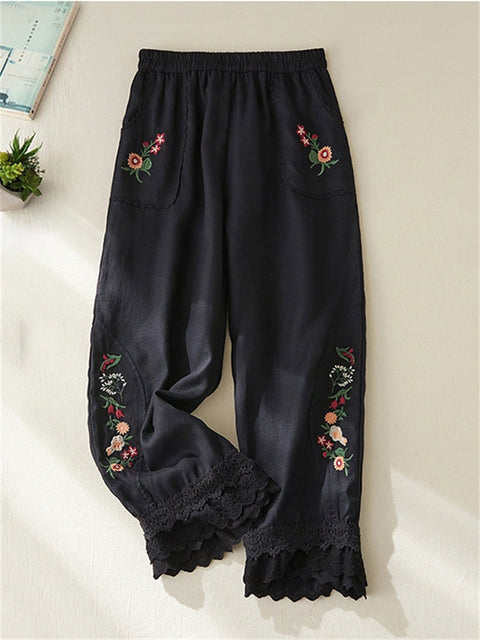 Linen loose trousers with embroidery